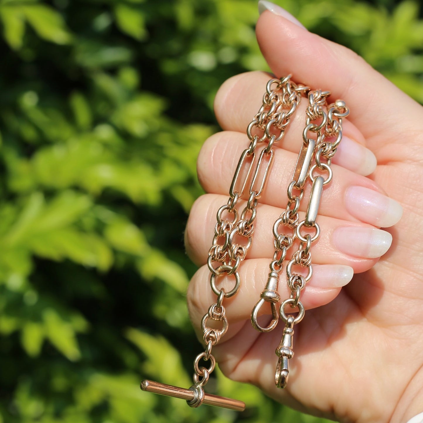 Antique - likely Victorian - Fancy Link 9ct Rosey Gold Double Watch Chain with Fob, 21inches, 41.25g