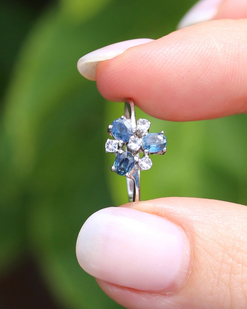 Vintage Parti Sapphire and White Quartz Cluster Ring, 9ct White Gold, size M or just over 6, 1.7g