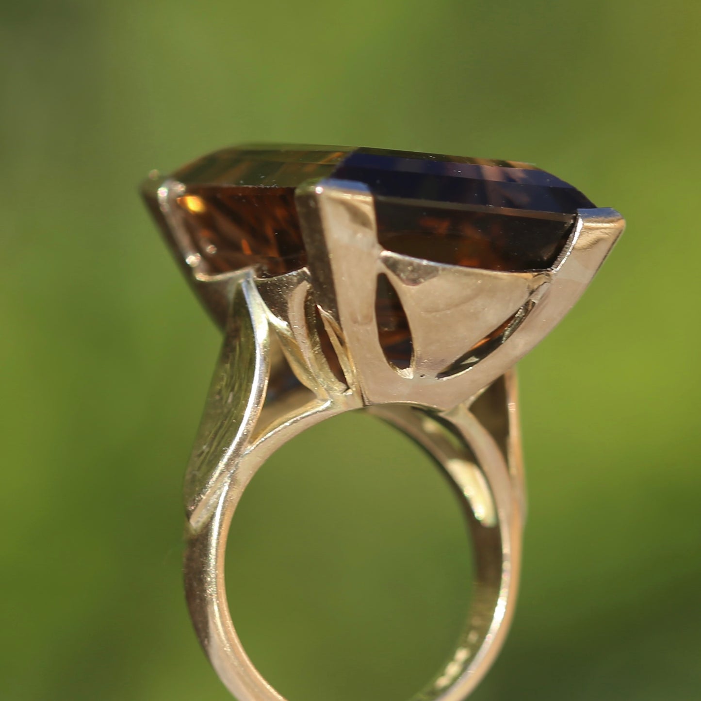 Mid Century 36ct Princess Cut Smoky Quartz Cocktail Ring, 9ct Yellow Gold, size N1/2 or 6.75