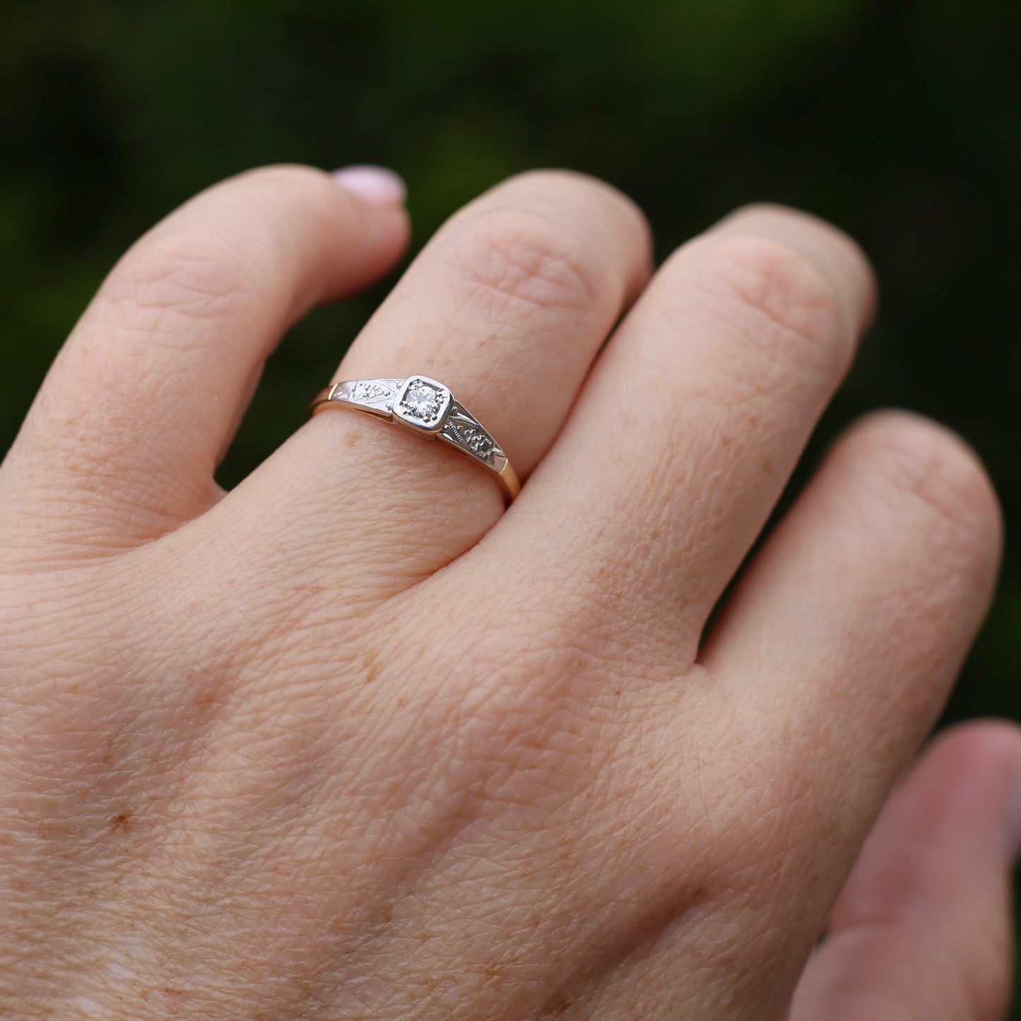 Art Deco 1930s Mixed Metal Transitional Cut Diamond Solitaire, 17.5ct Yellow and White Gold, size O1/2 or 7.5