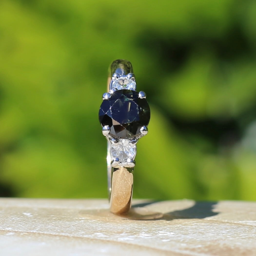 1.5ct Natural Green Sapphire and White Zircon Trilogy Ring, 9ct Gold, size N1/2 or just under 7