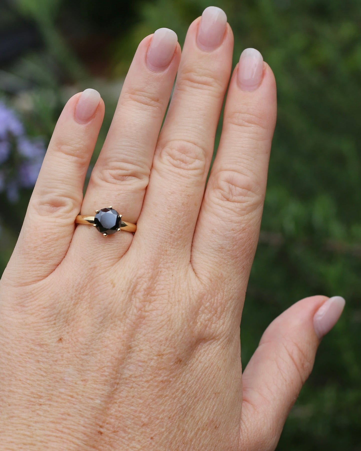 Black Moissanite Solitaire, 6 claw set 14ct Yellow Gold, size N1/2 or nearly 7, 3.63g