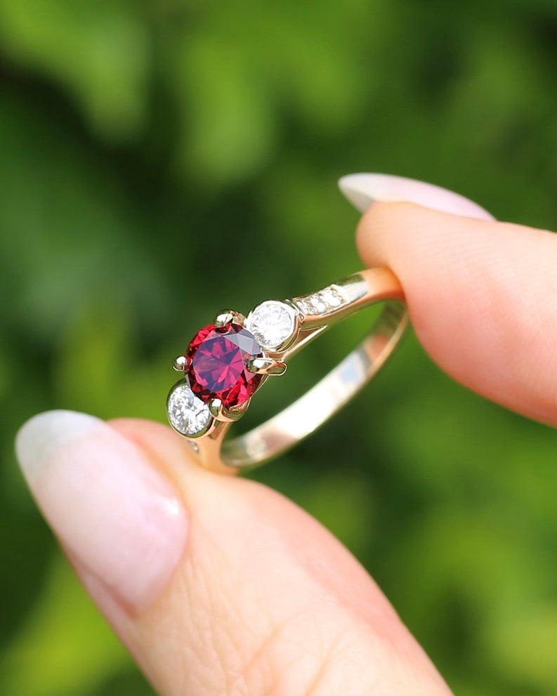 East African Rhodolite Garnet and Diamond Dais Trilogy, 9ct Yellow Gold, size S or 9.25