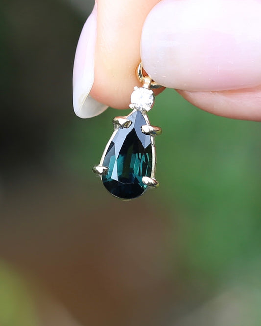 Pear Shaped Natural Teal Pear Sapphire and Diamond Pendant, 9ct Yellow Gold, 1.08g