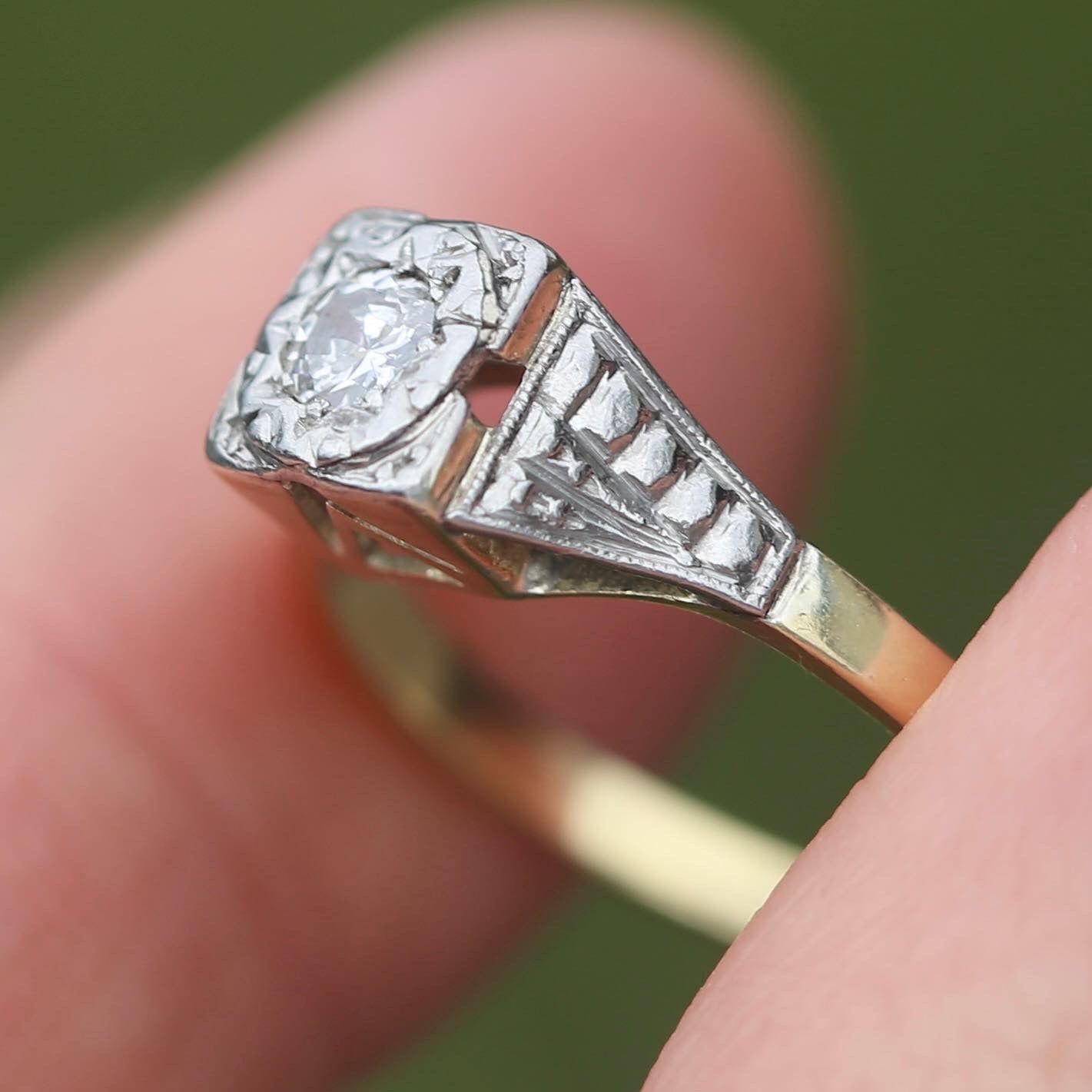 1930s Art Deco Inspired Platinum and 18ct Gold Solitaire Ring, size N or almost 6.75