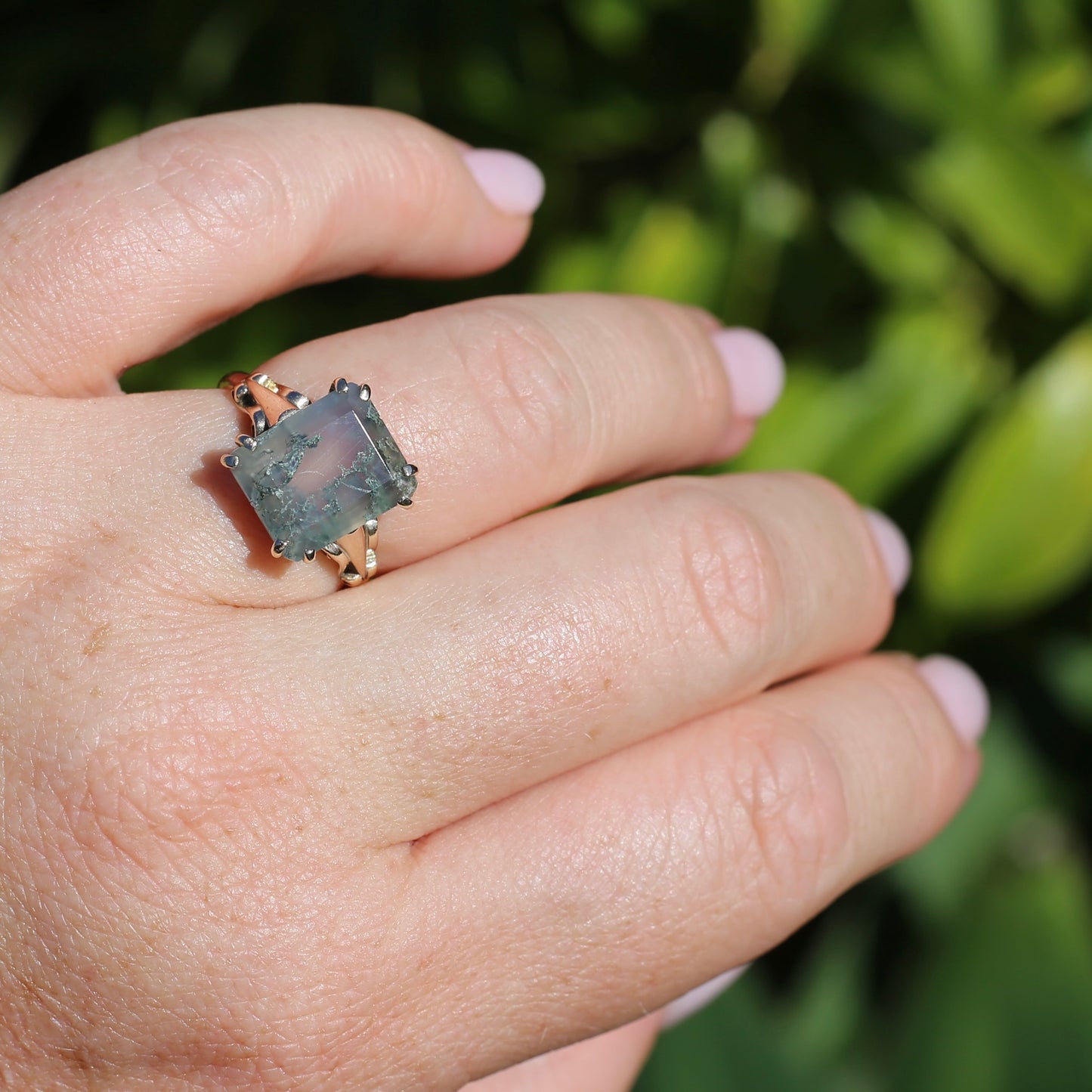 4.95ct Emerald Cut Moss Agate Ring with Fabulous Double Claws, 9ct Older Rosey Gold, size N1/2 or 6.75