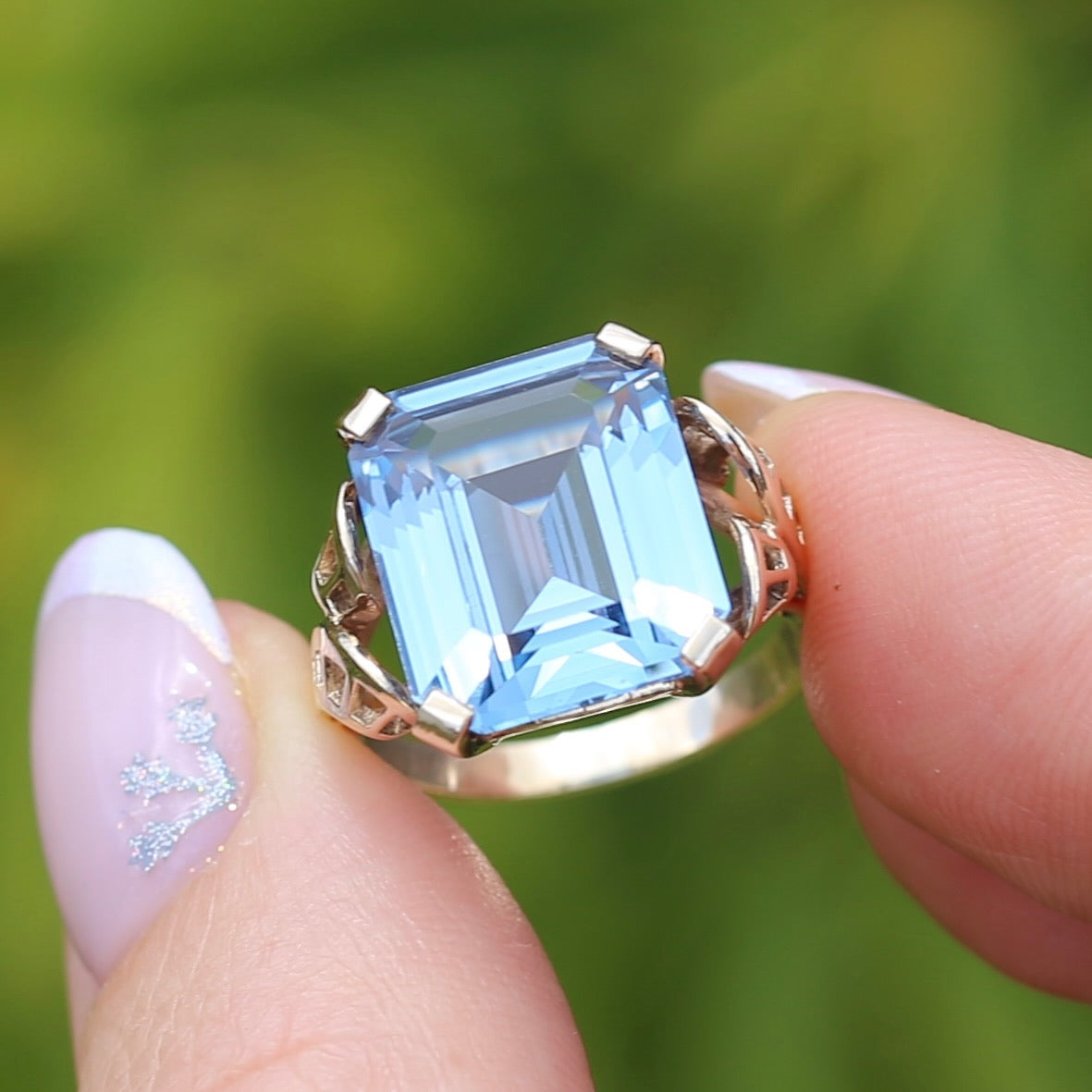 Mid Century Emerald Cut Blue Spinel Cocktail Ring, size N1/2 or 6.75