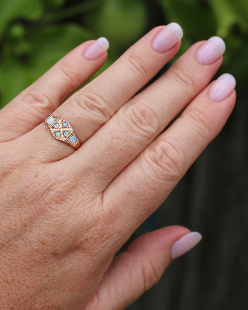 Outstanding Opals in Birmingham Made Rose Gold Shield Faced Ring, 9ct Rose Gold, size Q or 8.25, 2.57g