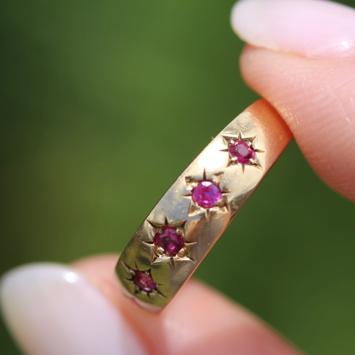 Antique 1891 Five Stone Star Set Old Cut Ruby Ring, 15ct Rosey Gold, size N- N1/2 or 6.75