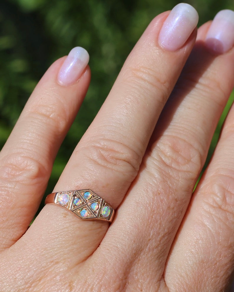 Outstanding Opals in Birmingham Made Rose Gold Shield Faced Ring, 9ct Rose Gold, size Q or 8.25, 2.57g