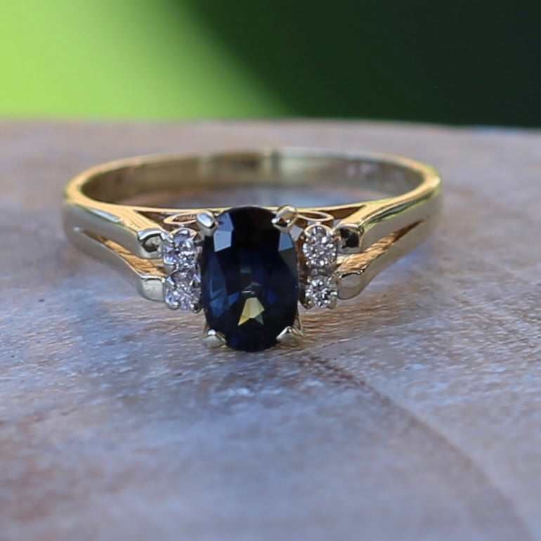 Oval Natural Blue Sapphire with Diamonds, Art Deco Feel Ring, 14ct Yellow Gold, size N or 6.75