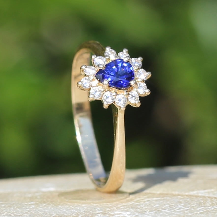 Pear Shaped Sapphire with Halo, 14ct and 18ct Yellow Gold, size 7 or just under O