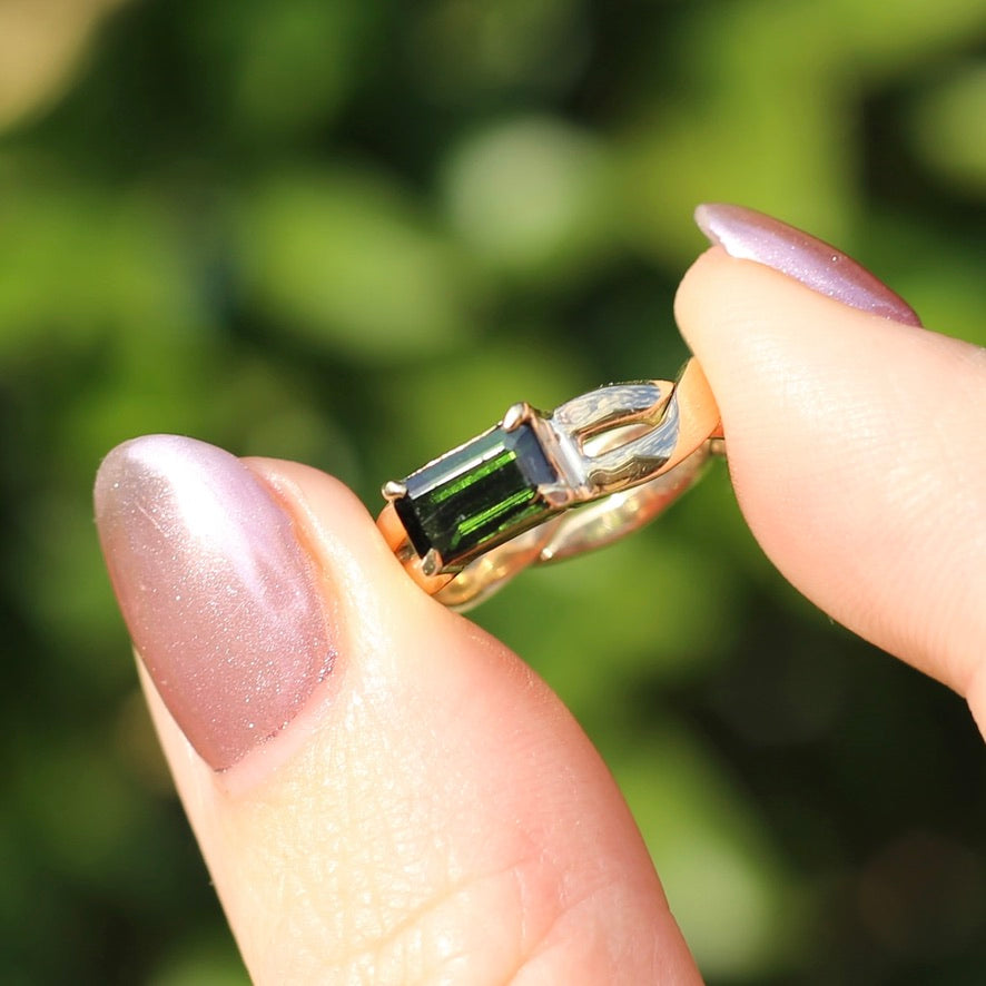 East West Set Emerald Cut Dark Green Natural Tourmaline Ring, 9ct Yellow Gold, size L or 5.75