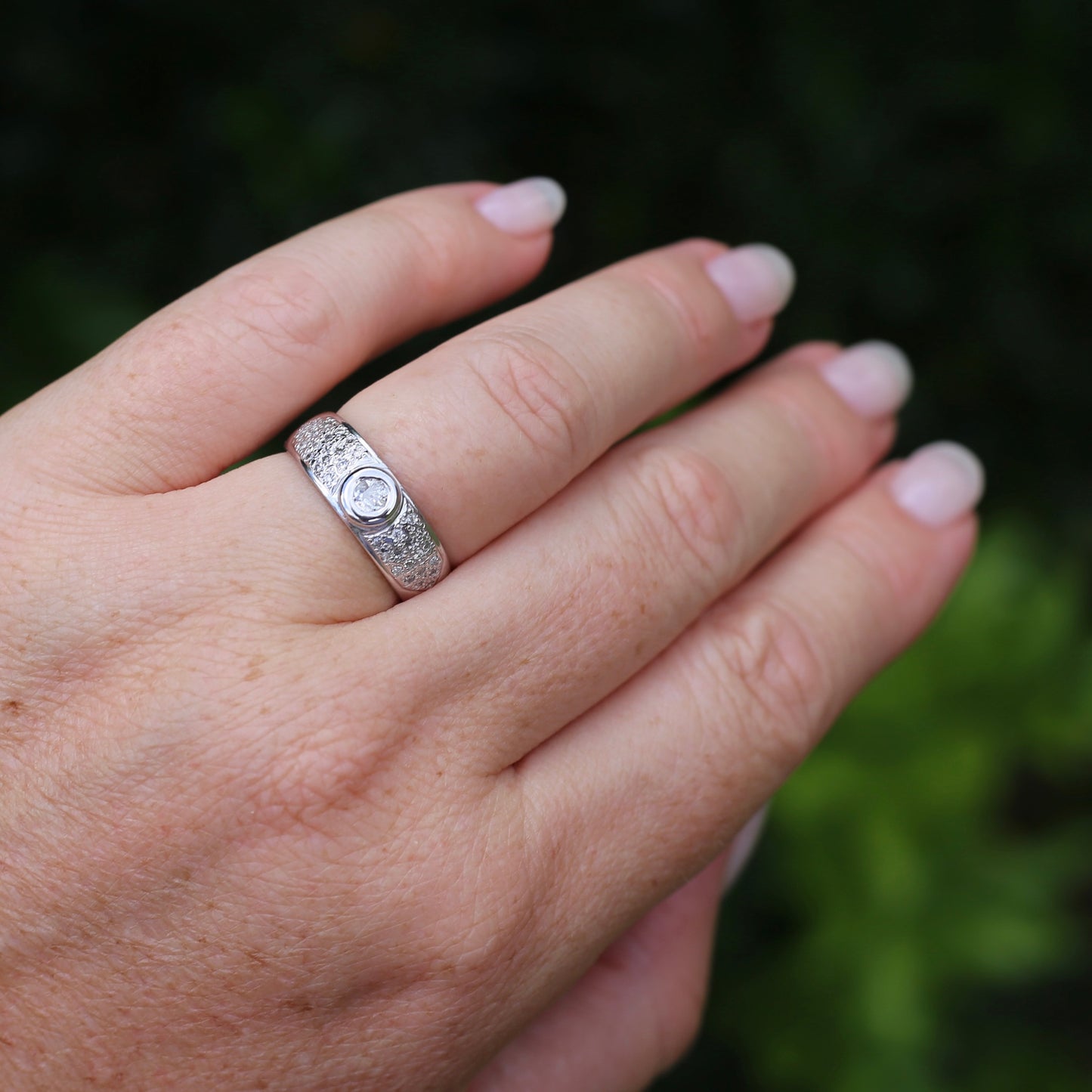 Bezel Set Old European Cut Diamond, in Pavé Setting of Diamonds, Chunky Platinum, size Q or 8 (fits more like an O1/2 - P), with valuation