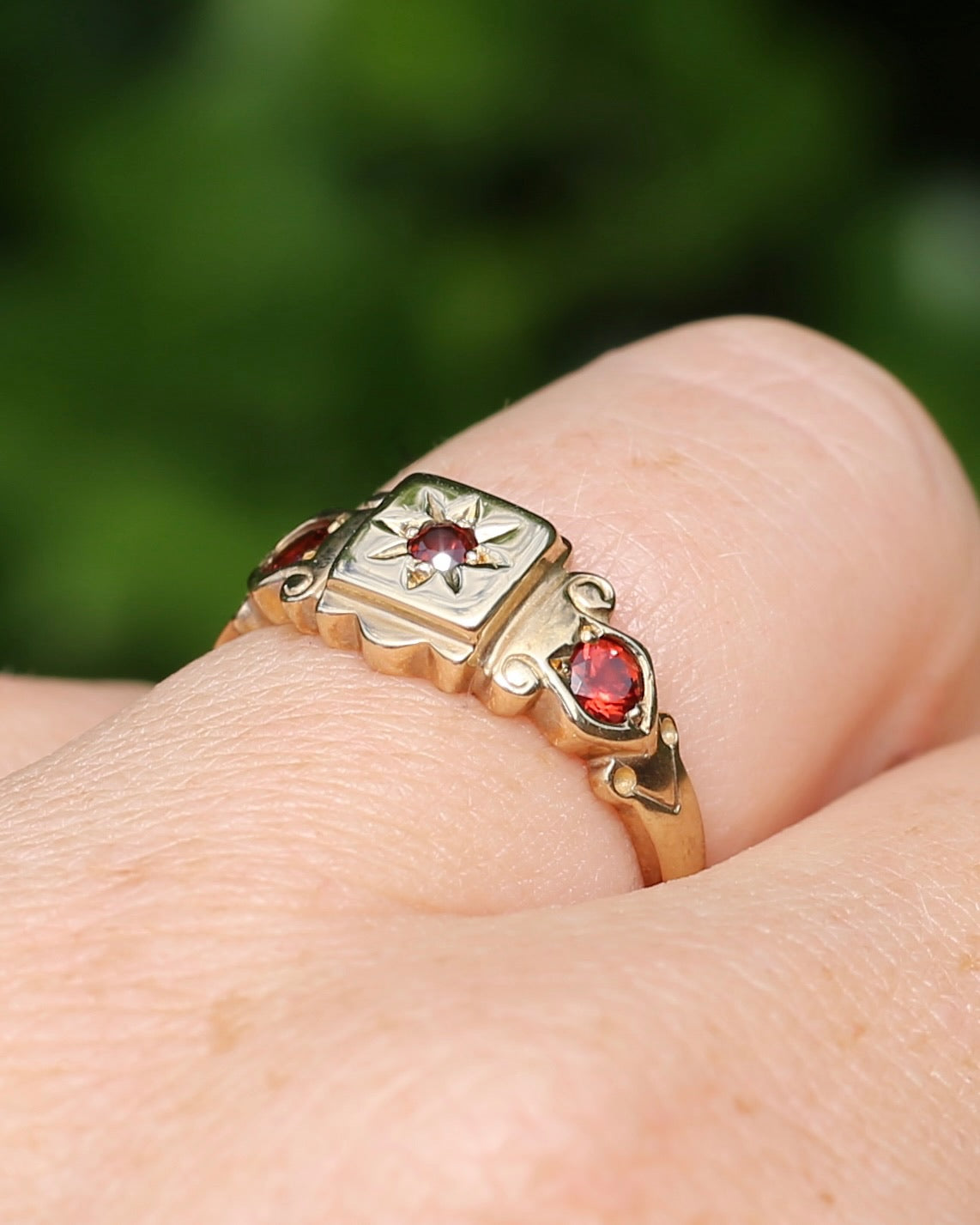Victorian Revival Garnet Trilogy Star Set Ring, 9ct Yellow Gold, size O1/2 or just over 7.25