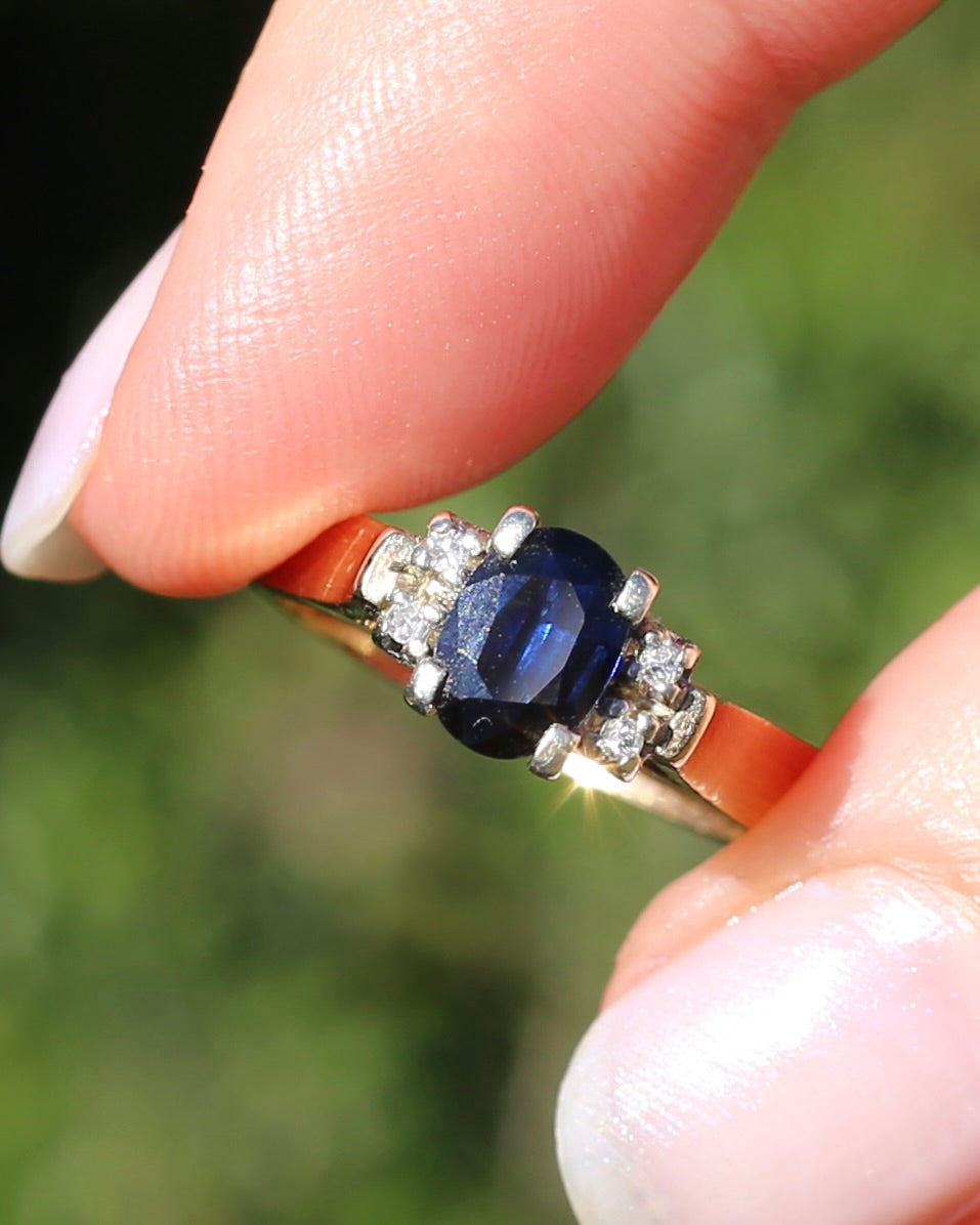 Circa 1970s Natural Sapphire and Diamond Ring, 9ct Yellow and White Gold, size M or 6.25, 4.19g
