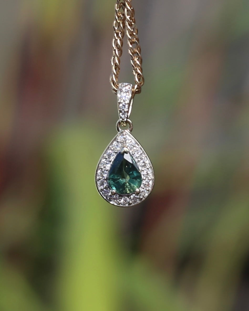0.75ct Natural Green Parti and Natural Diamond Halo Pendant, 9ct Yellow Gold, 0.86g