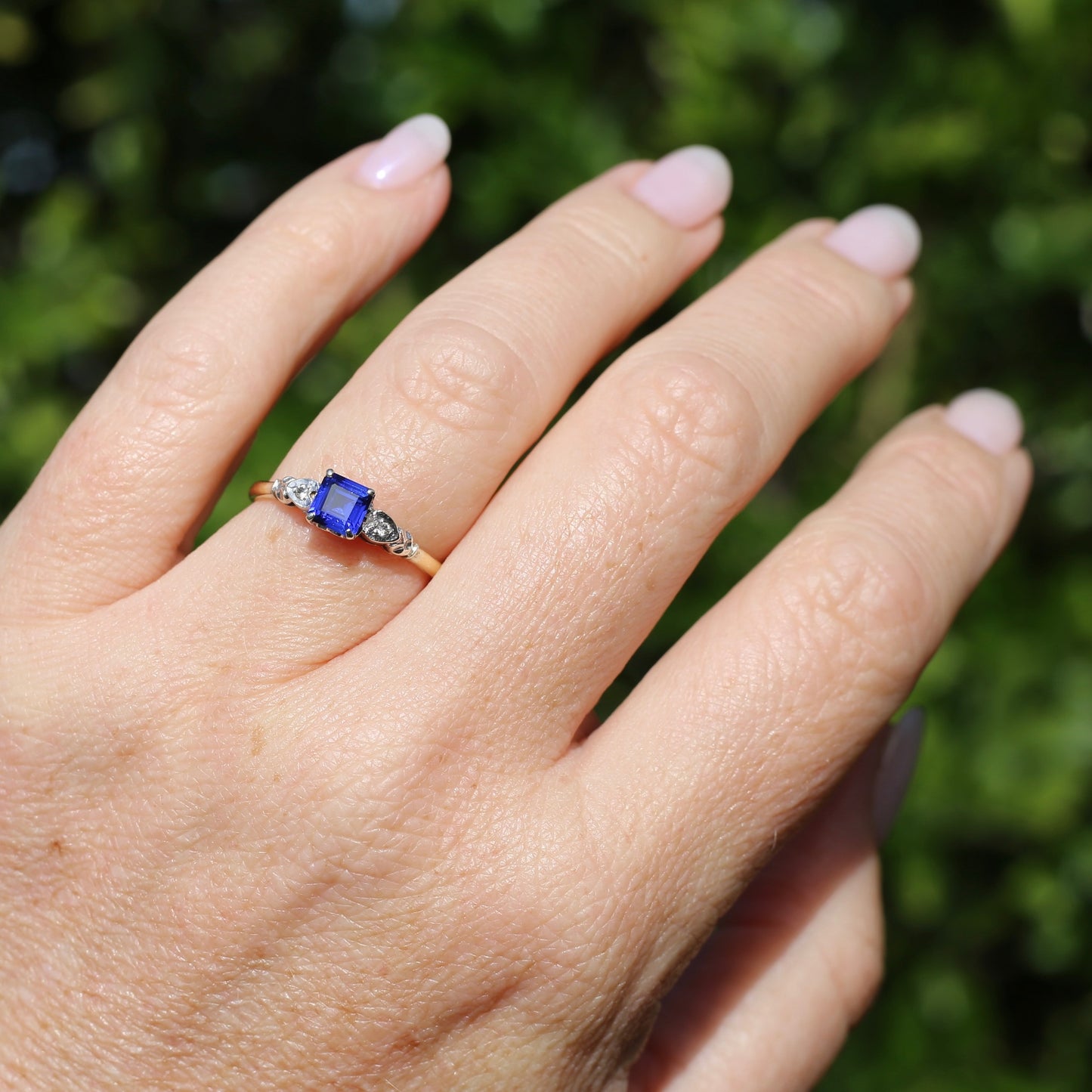 1930s Square Emerald Cut Blue Sapphire, 18ct Yellow and White Gold, size Q1/2 or just over 8.25