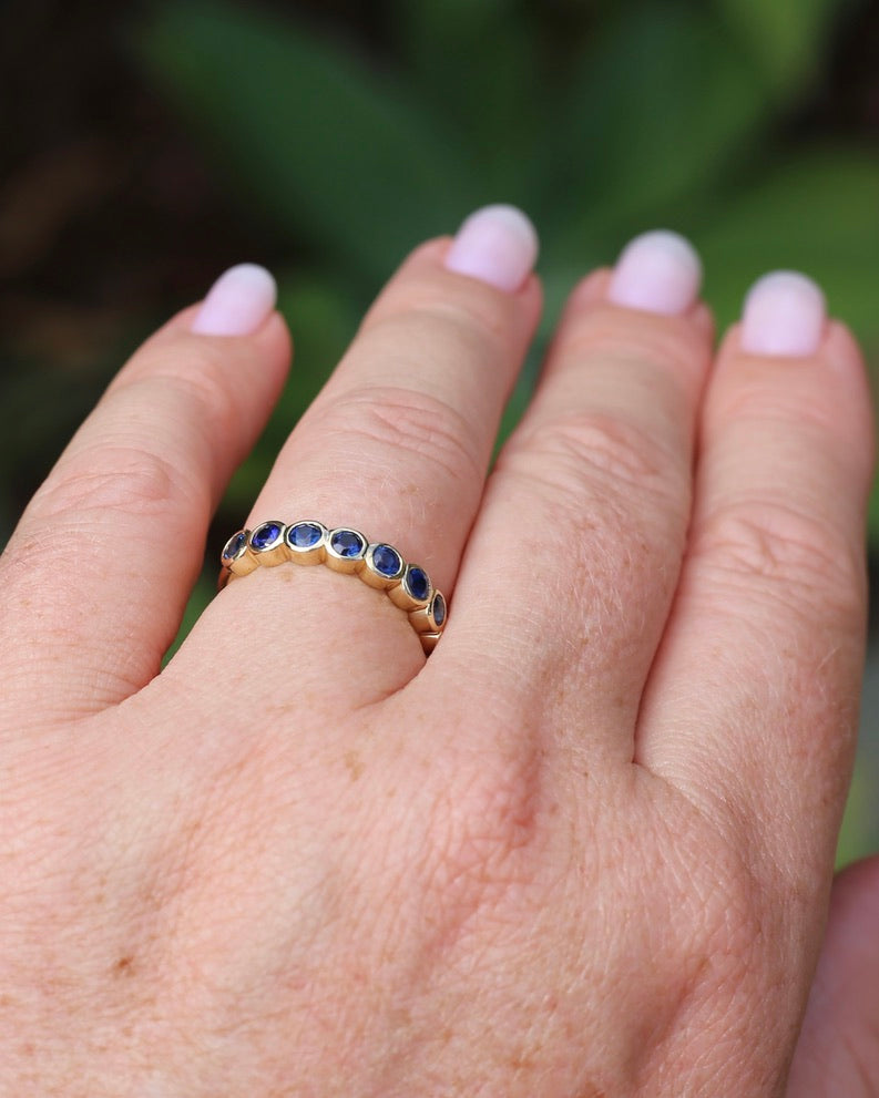 Second Glance - 9 Stone Bezel Set Blue Sapphire Bubble Half Eternity Ring, 9ct Yellow Gold, size N or just over 6.5, 2.80g