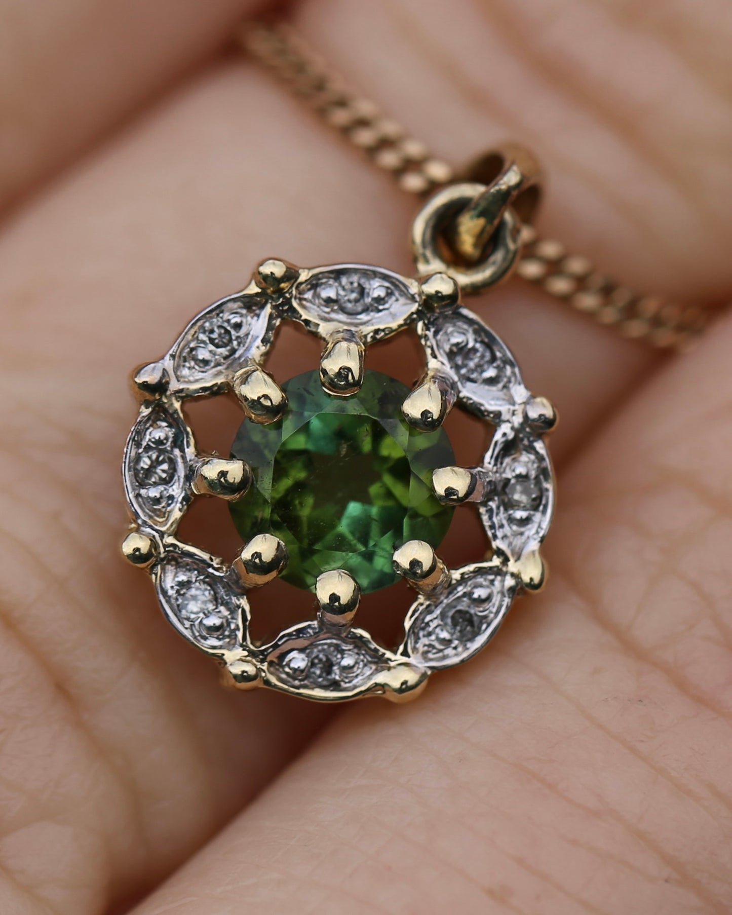 Vintage 0.7ct Green Tourmaline and Diamond Pendant, 9ct Yellow Gold, 1.15g