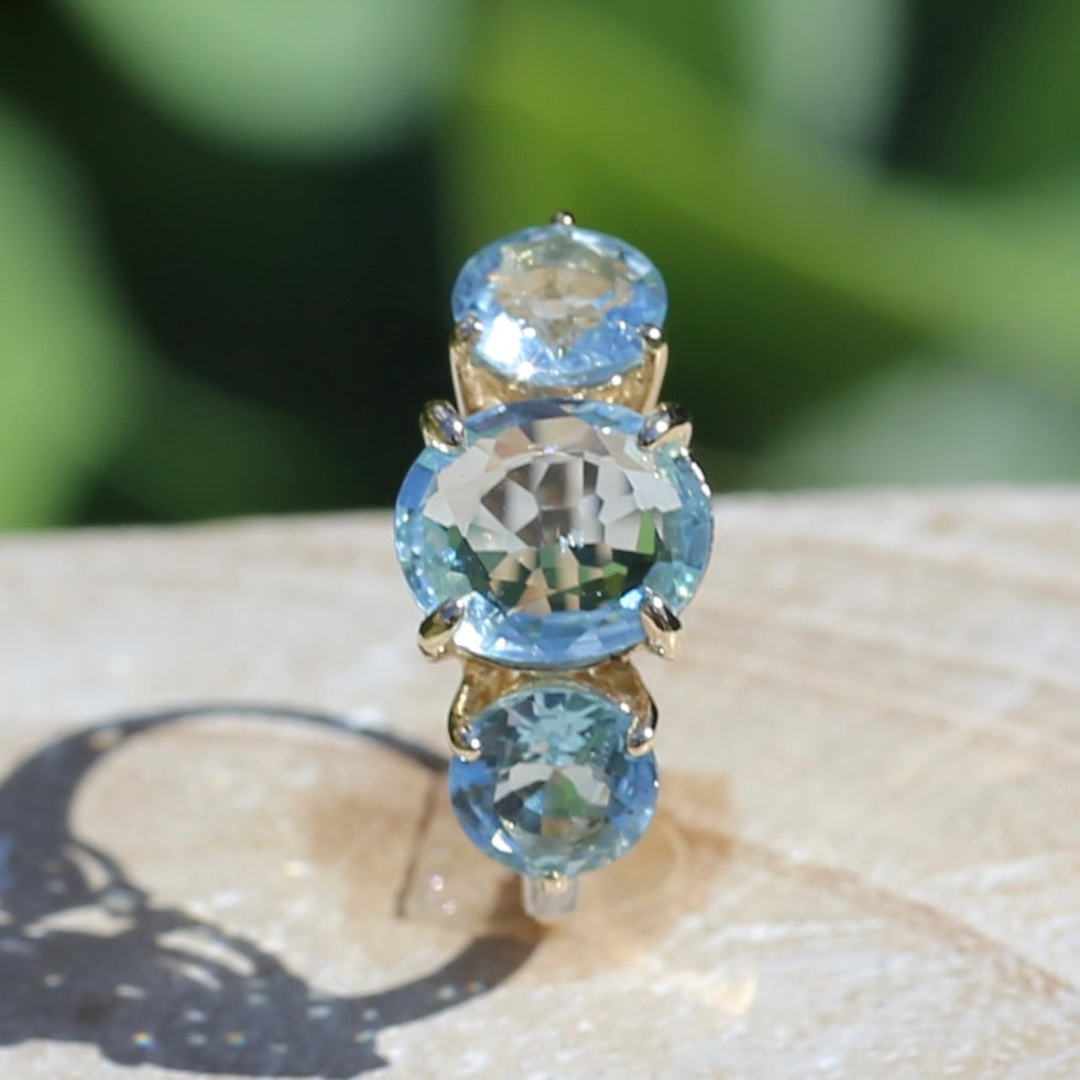 Natural Aquamarine Trilogy with Grain Set Diamond Shoulders, 9ct Yellow Gold, size 6.5 or M1/2