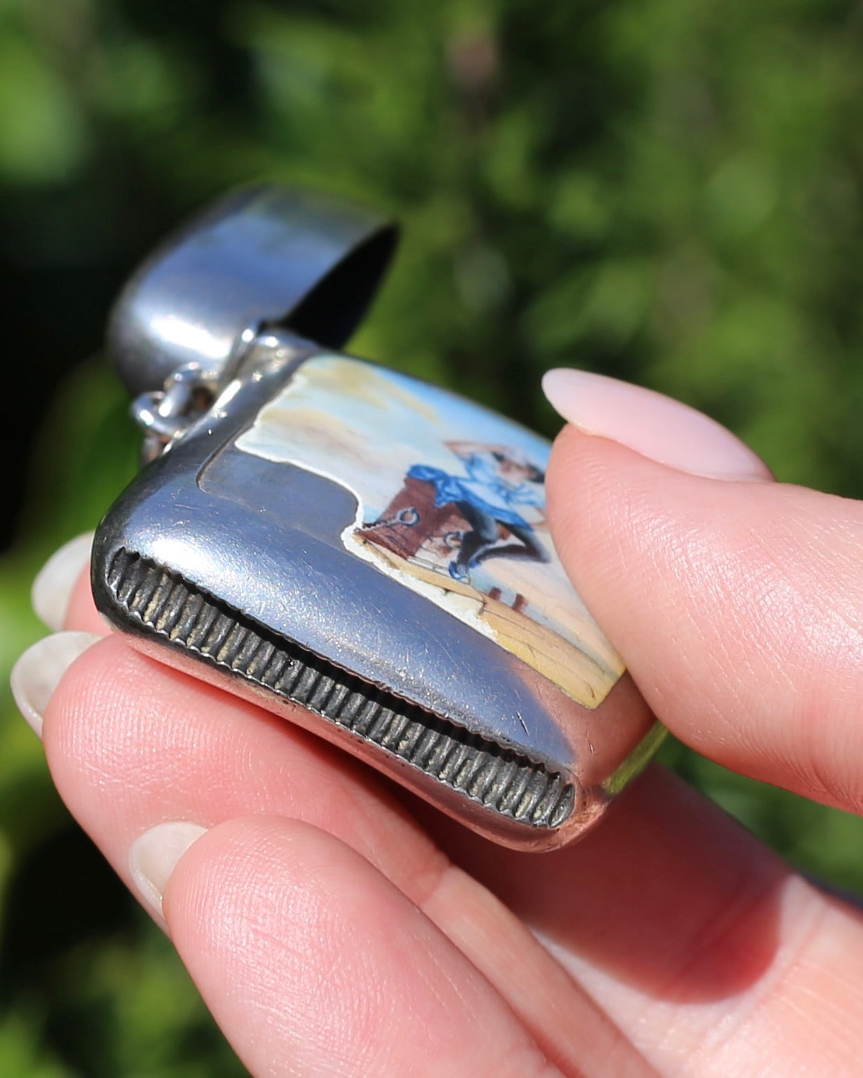 Antique 1896 Vesta Case featuring Enamel Sailor Girl, Sterling Silver, 39g