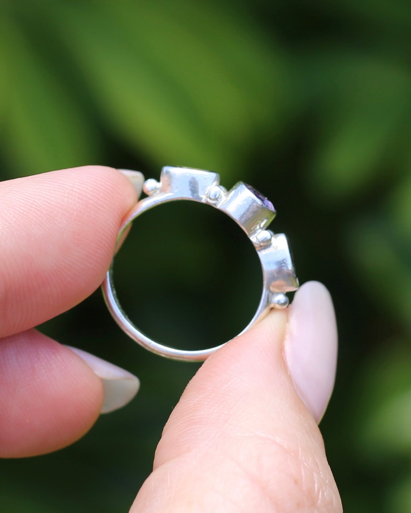 Amethyst & Peridot Bezel Set Trilogy Ring, Sterling Silver, size N or 6.75, 2.7g