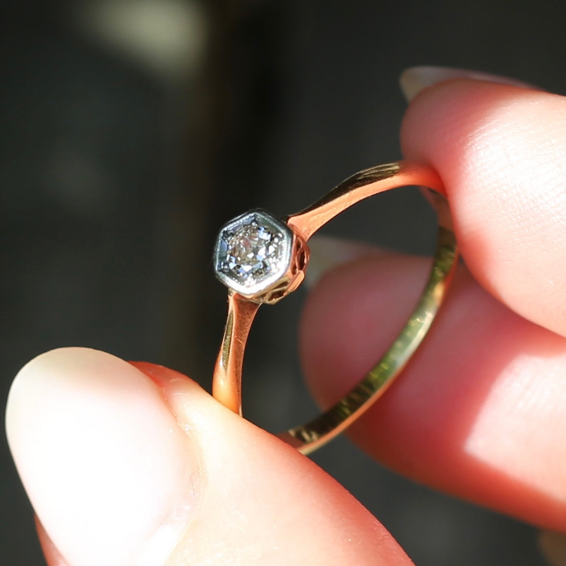 Early Australian Old Cut Diamond Solitaire by H. G. Rogers, 18ct White and Yellow Gold, size 9.5 or just over S1/2