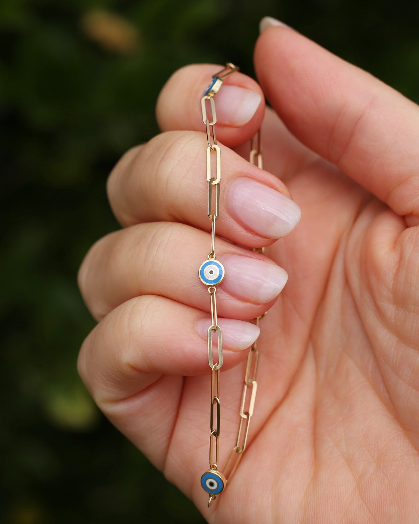 Delicate Paperclip and Enamel Evil Eye Bracelet, 9ct Yellow Gold, 19.5cm or 7.75inches