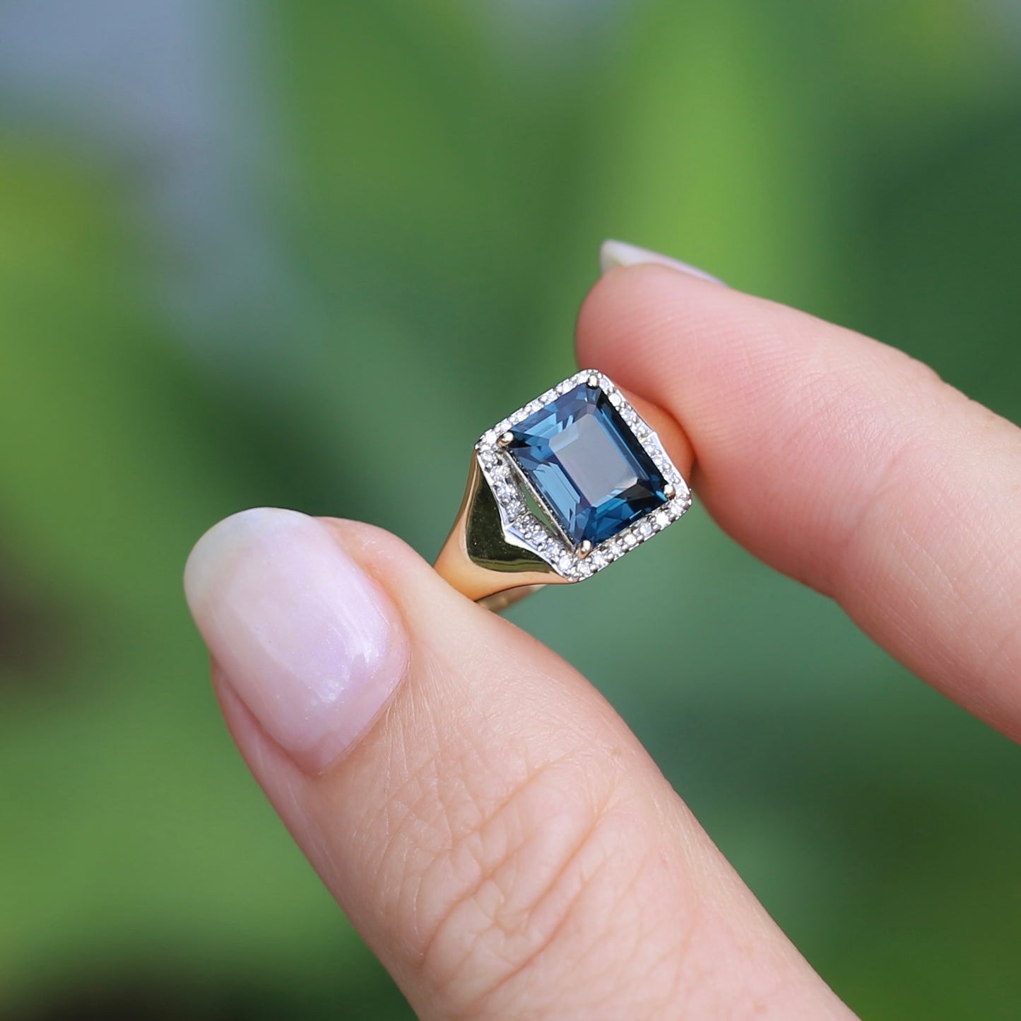 Emerald Cut London Blue Topaz Signet Ring With Diamond Halo, size N or 6.75