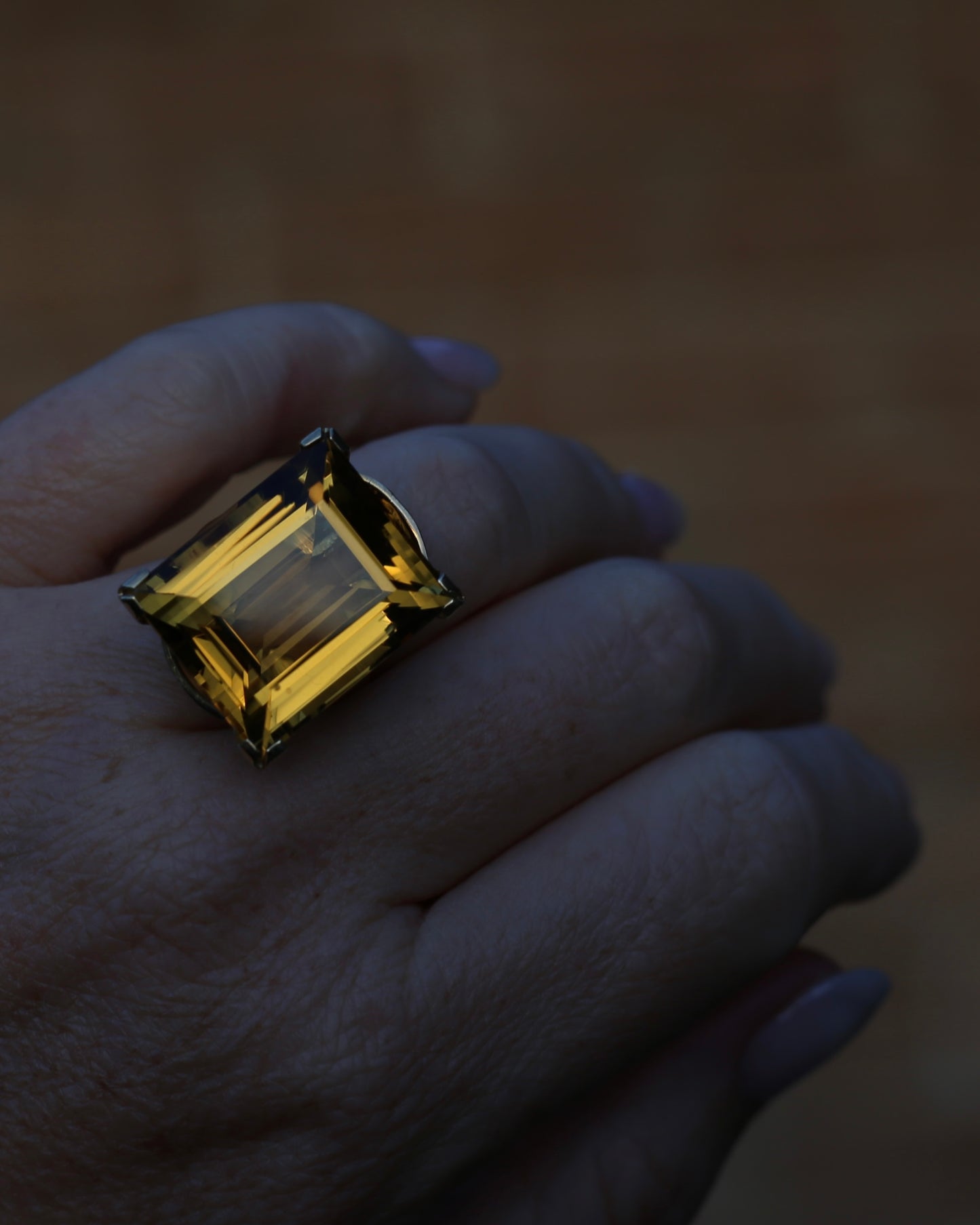 35ct Rectangular Step Cut Vivid Citrine in Chunky Vintage 9ct Yellow Gold Ring, size N1/2 or 7, 15.12g