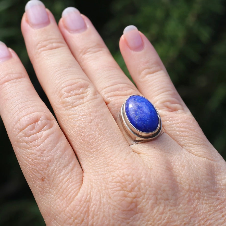 Large Lapis Cabochon in Silver Bezel Setting, size P1/2 or just under 8