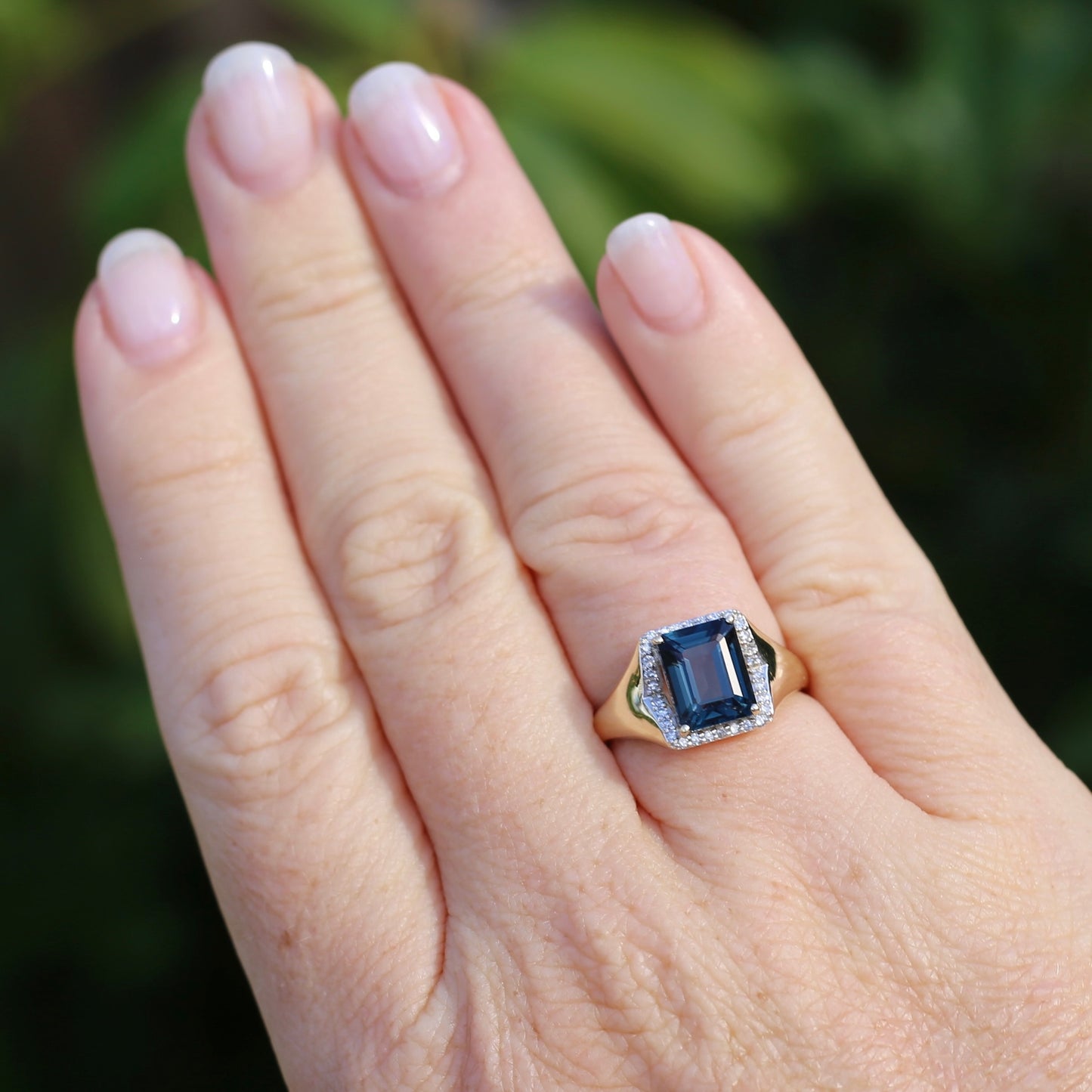 Emerald Cut London Blue Topaz Signet Ring With Diamond Halo, size N or 6.75