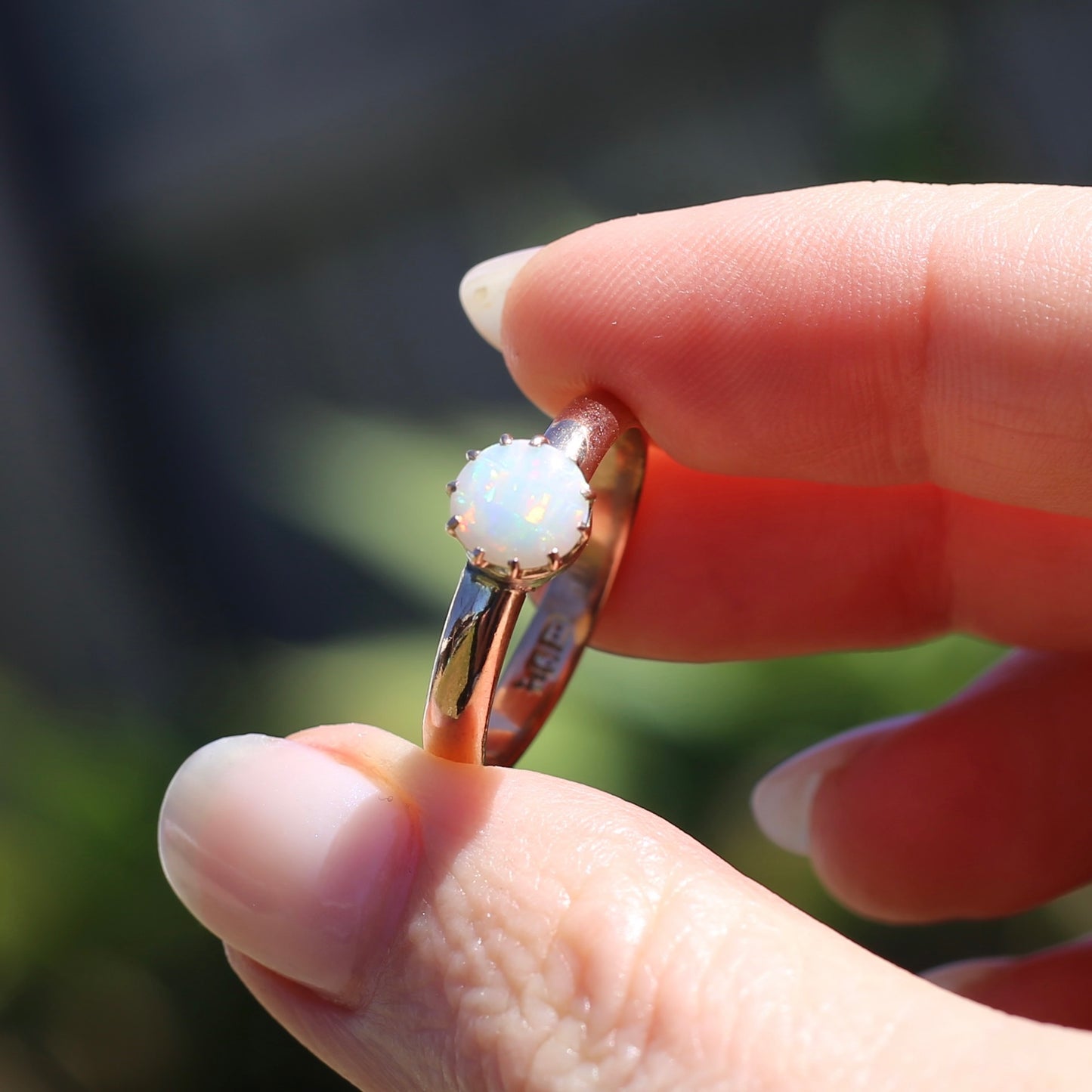 Early Australian 11 Multi Claw White Round Opal Ring, 9ct Old Rosey Gold, size 10 or U