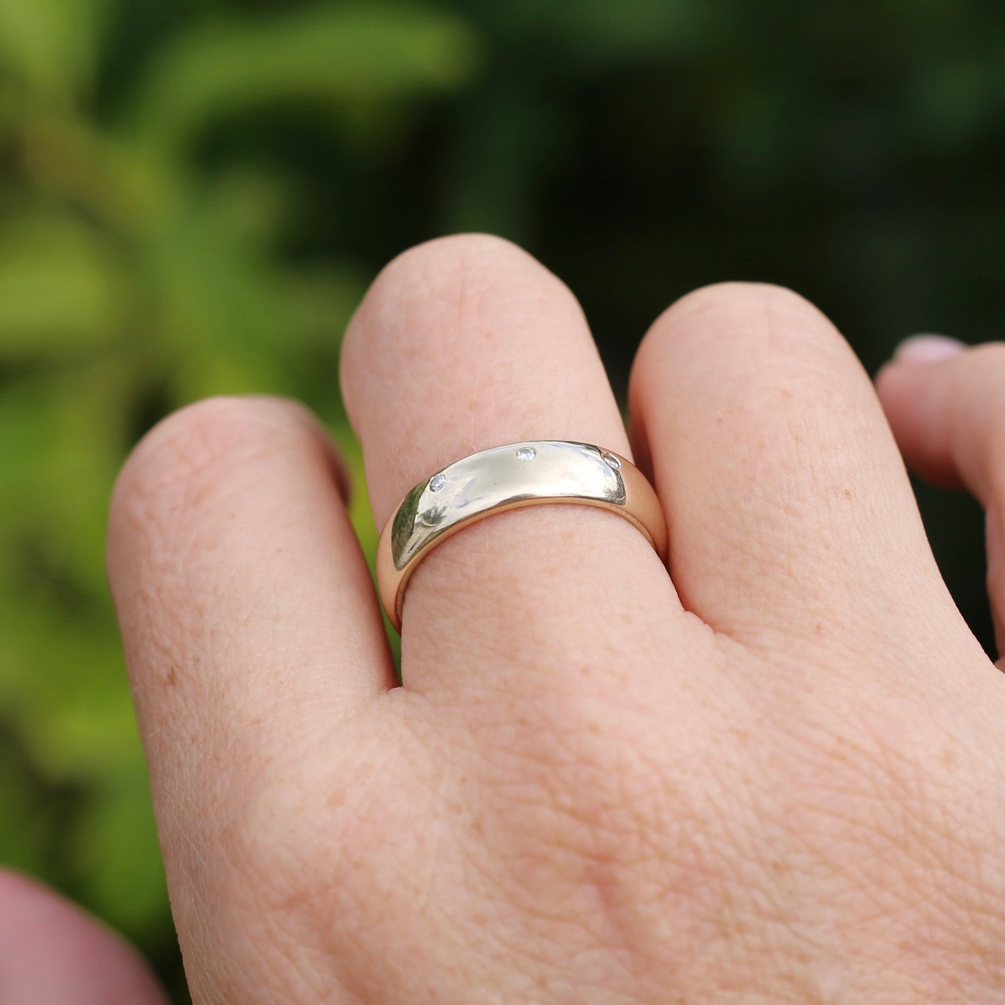 Chunky Half Round 9ct Gold Ring with 3 Punch Set Diamonds, 9ct Yellow Gold, size 8.5 or just under R