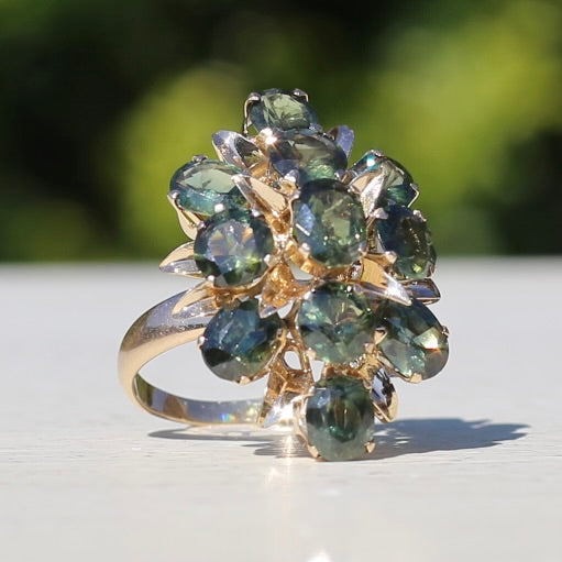 Brutalist Natural Green Sapphire Retro Ring, 14ct Yellow Gold, size 8 or Q