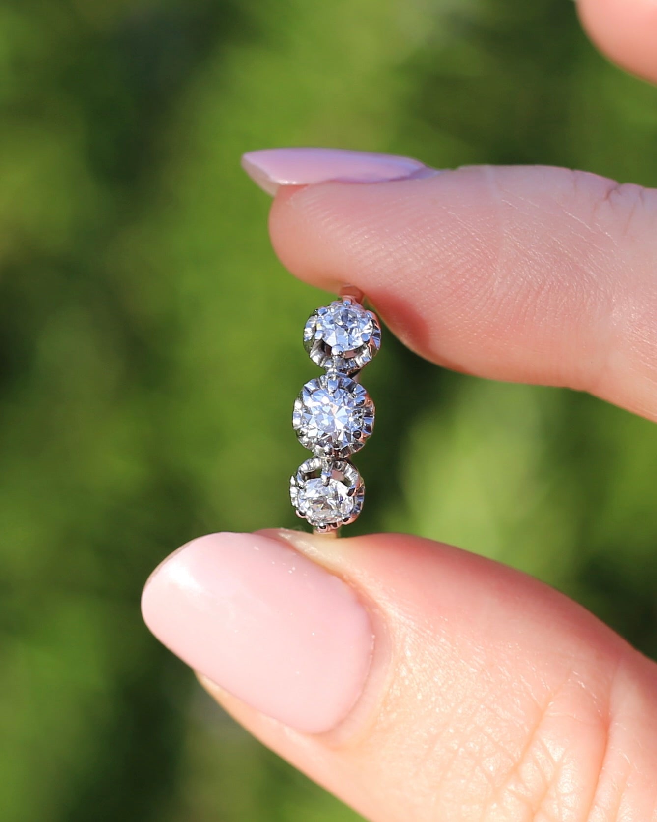 Circa 1930s Transitional Cut Diamond Trilogy with Kozibe Effect, Platinum, size L or 5.75, 2.68g, with valuation