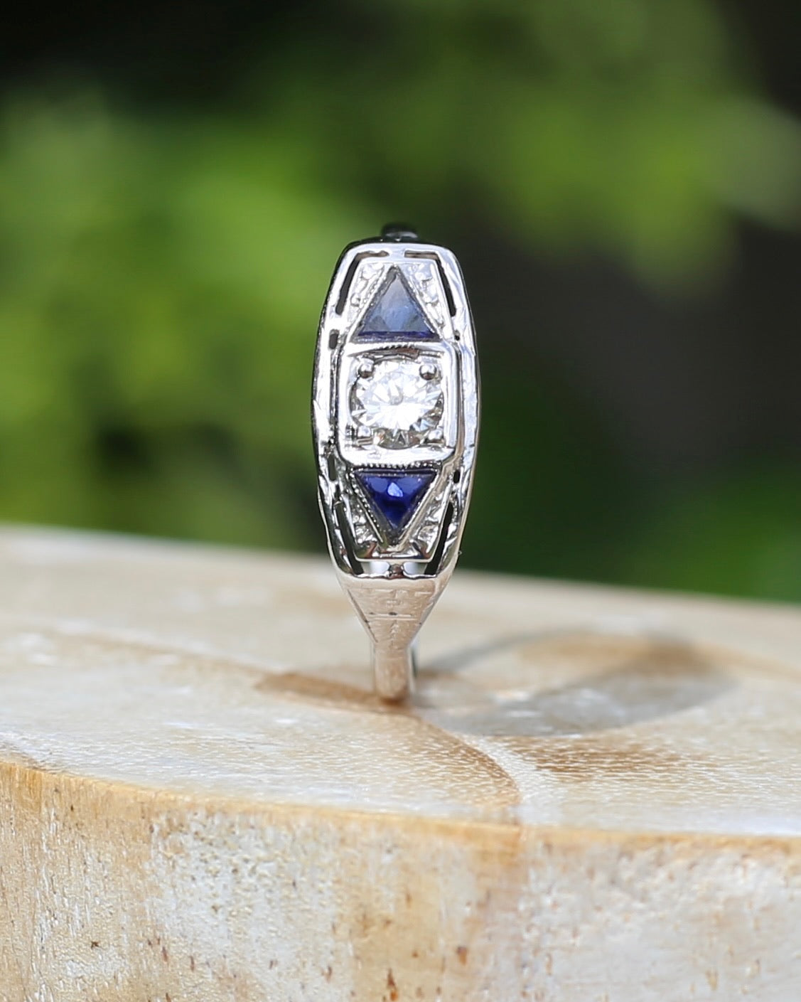 Art Deco Diamond and Sapphire Trilogy in Raised Handmade Engraved Floral Setting, 14ct White Gold, size U or 10 - offering free resize down to 7 or O, with valuation