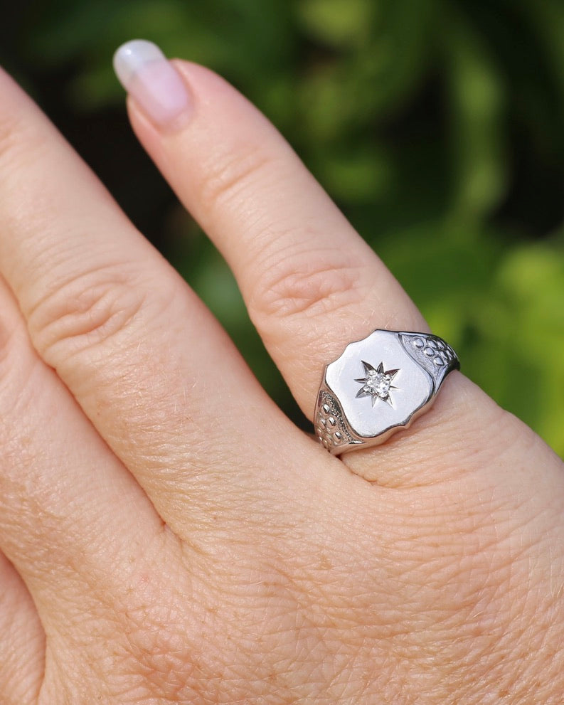 Vintage Shield Signet With Old Cut Diamond, 18ct White Gold, size N or just over 6.5 (fits more like an L1/2-M due to width), 6.86g