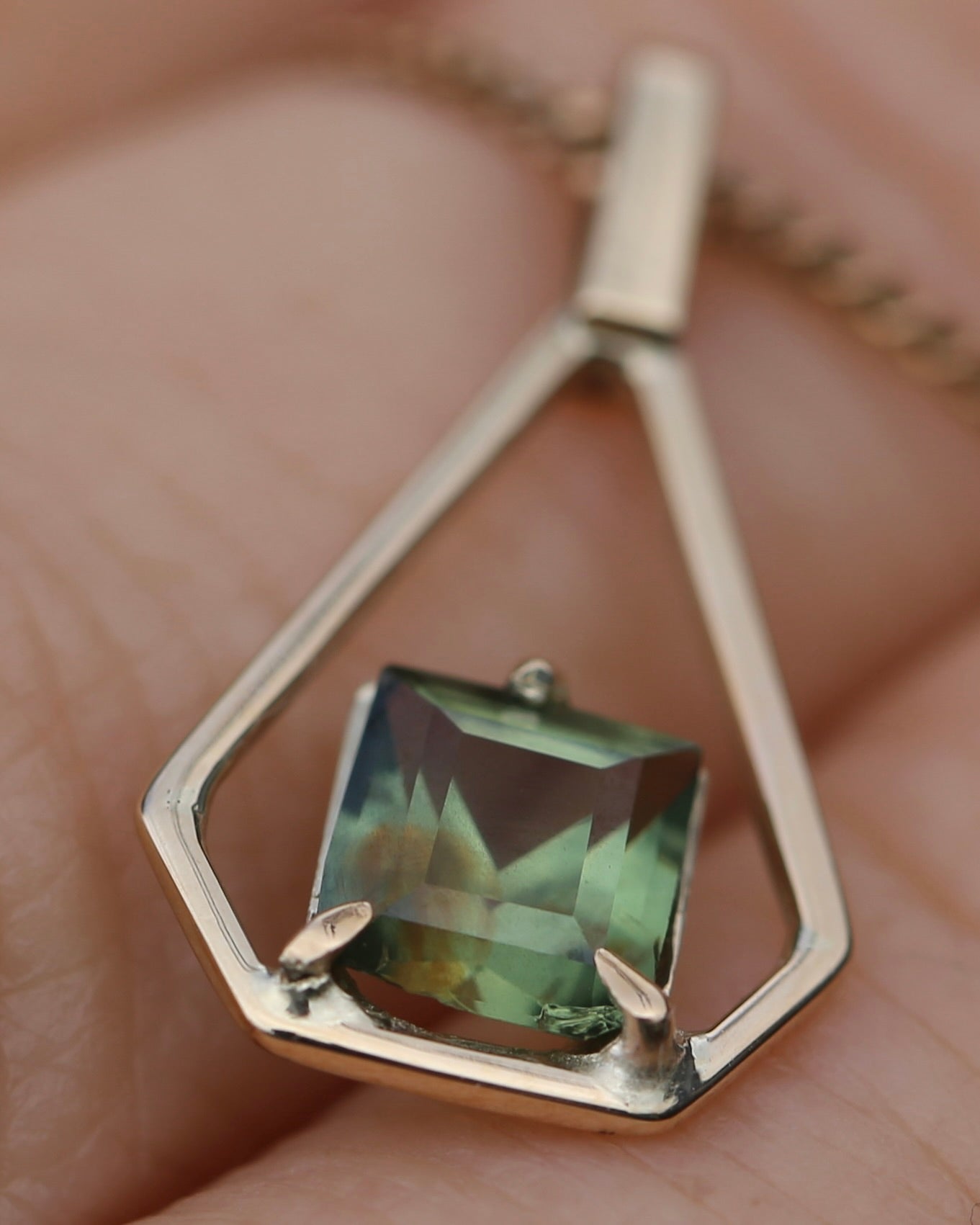 Modified Carre Cut Unheated Green Natural Sapphire in Handmade Vintage Pendant, 9ct Yellow Gold, 0.78g