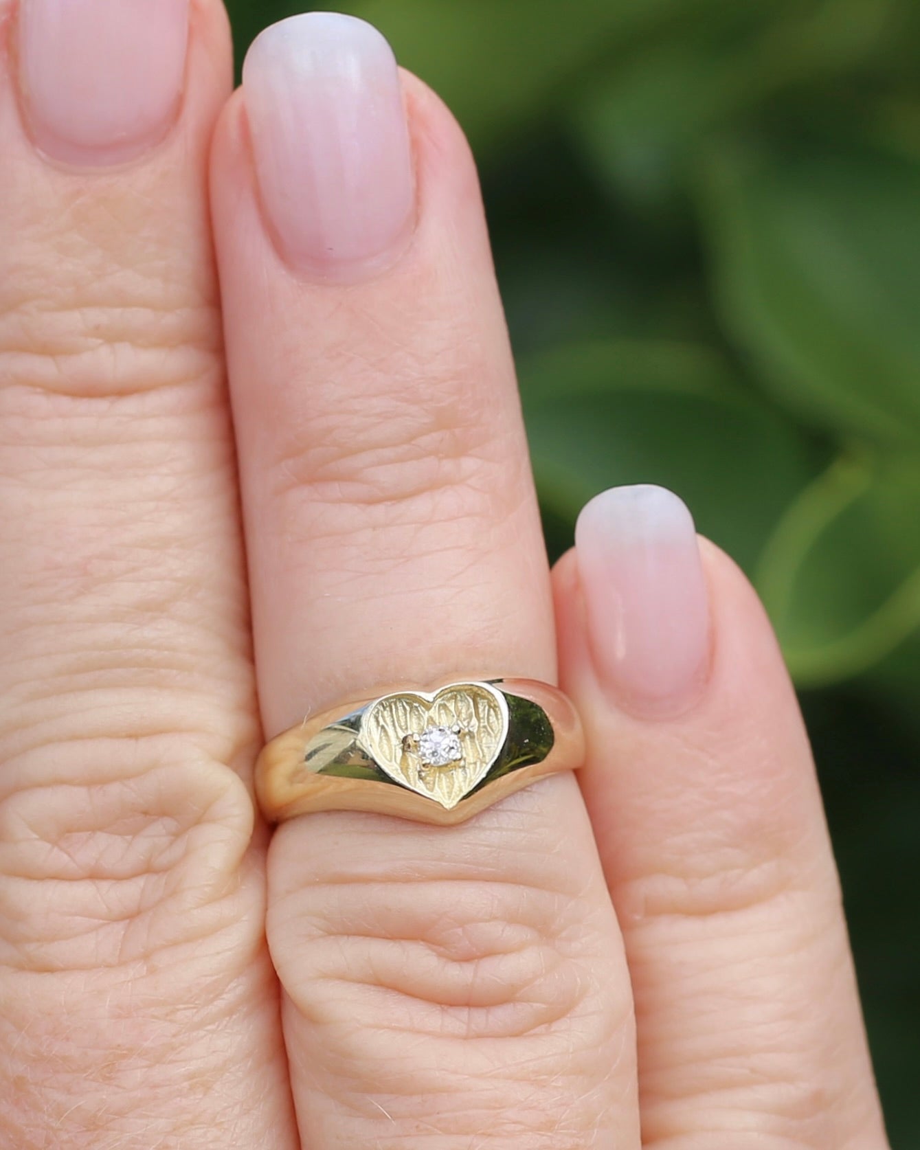 ON HOLD 1979 London Made Old Cut Diamond Heart Signet Ring, 9ct Yellow Gold, size J1/2 or 5, 2.48g