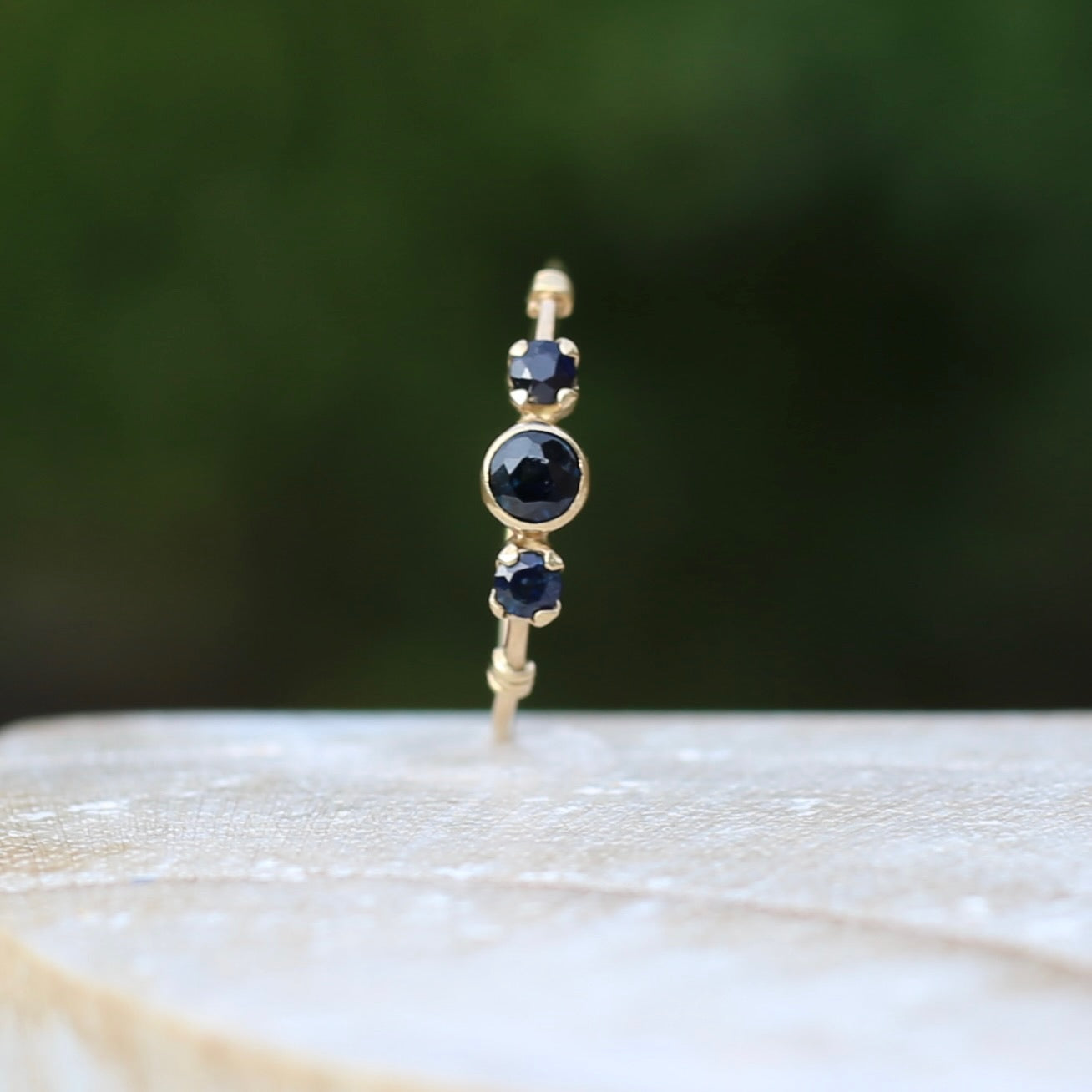 Delicate Sapphire Trilogy on Dainty Band, 9ct Yellow Gold, size N or 6.75