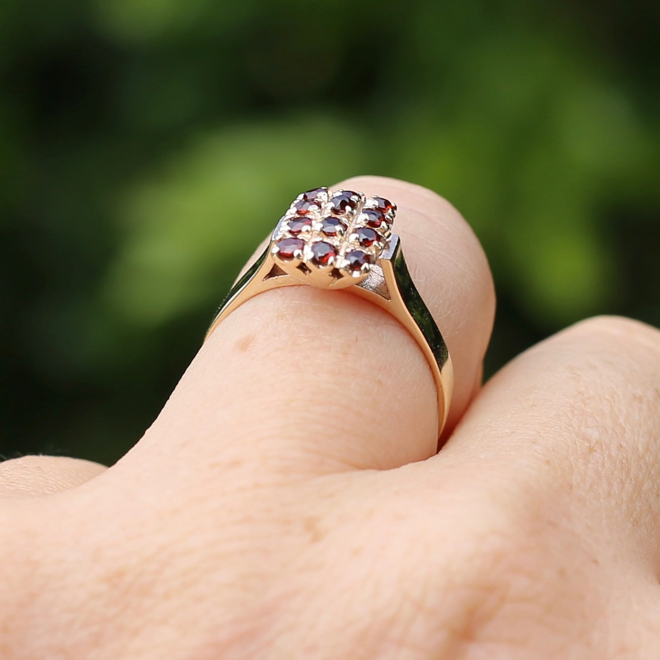 Old Cut 12 Stone Garnet Checkerboard Ring, size P or 7.75