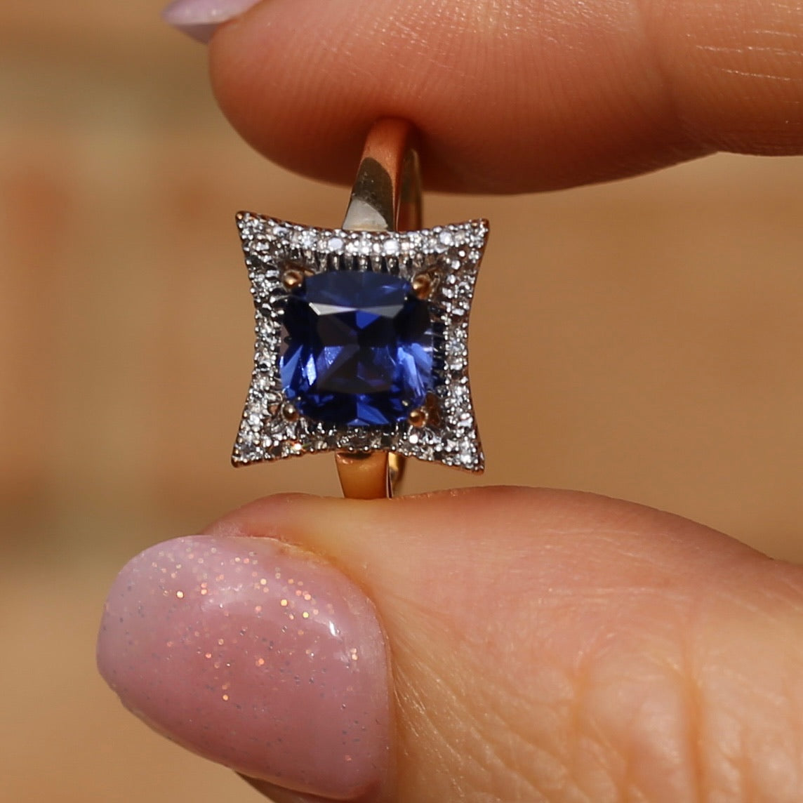 2ct Cushion Cut Synthetic Sapphire with Diamond Halo, 9ct yellow gold, size L or 5.75