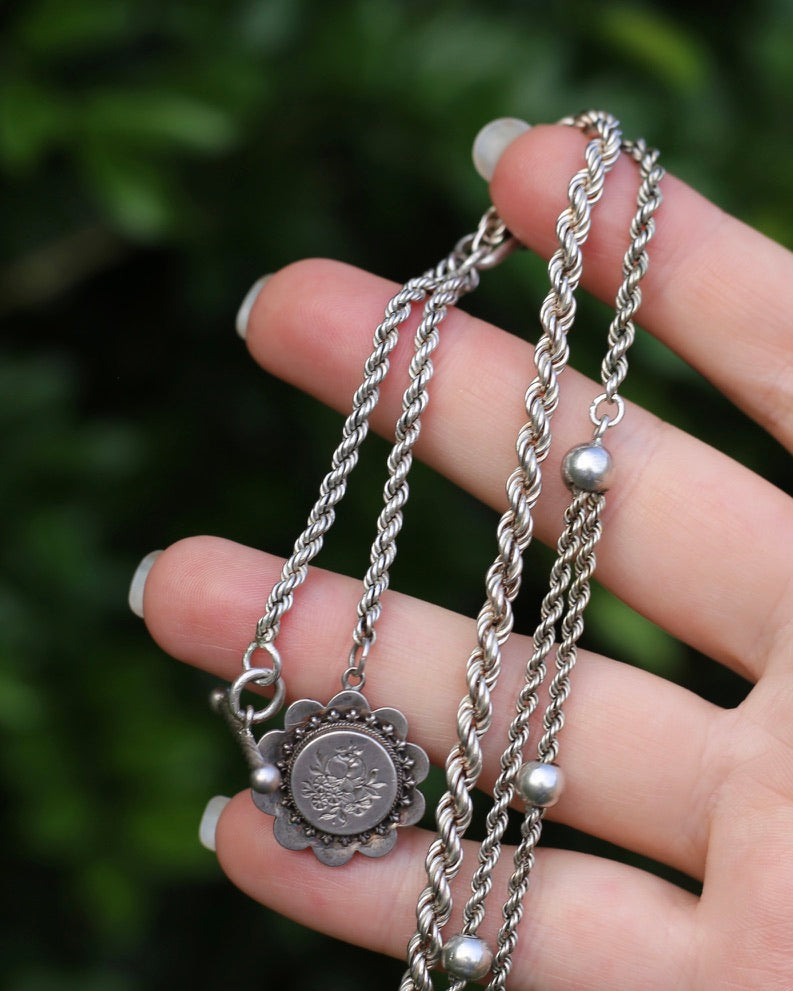 Antique 1896 Double Albertina Necklace with T-bar and Floral Pendant, Sterling Silver, 18.85g