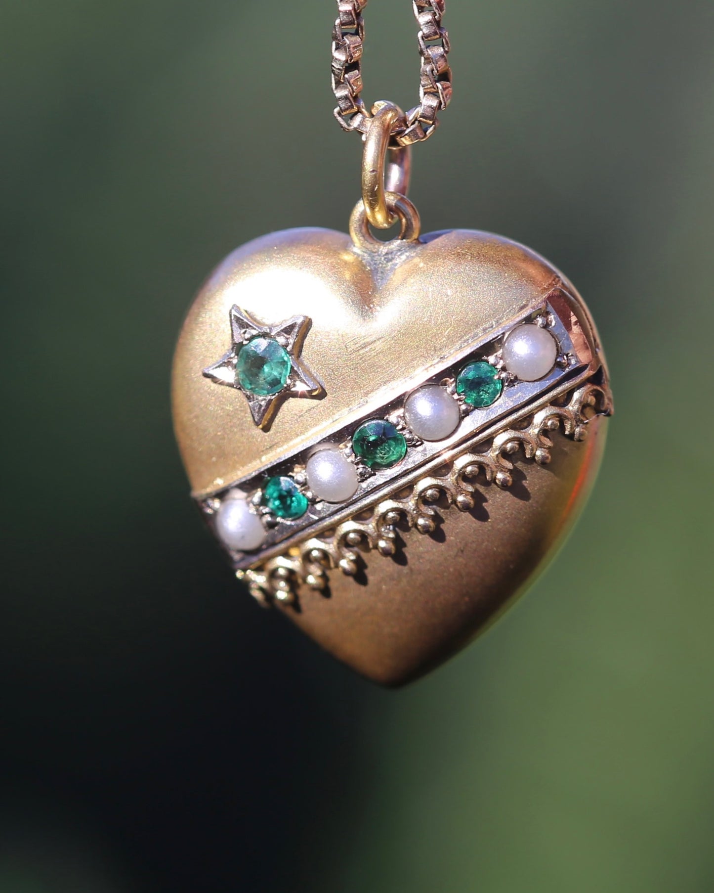 Early Australian Aronson & Co Puffy Heart set Pendant with Pearl and Green Gems, 9ct Yellow Gold, 2.59g