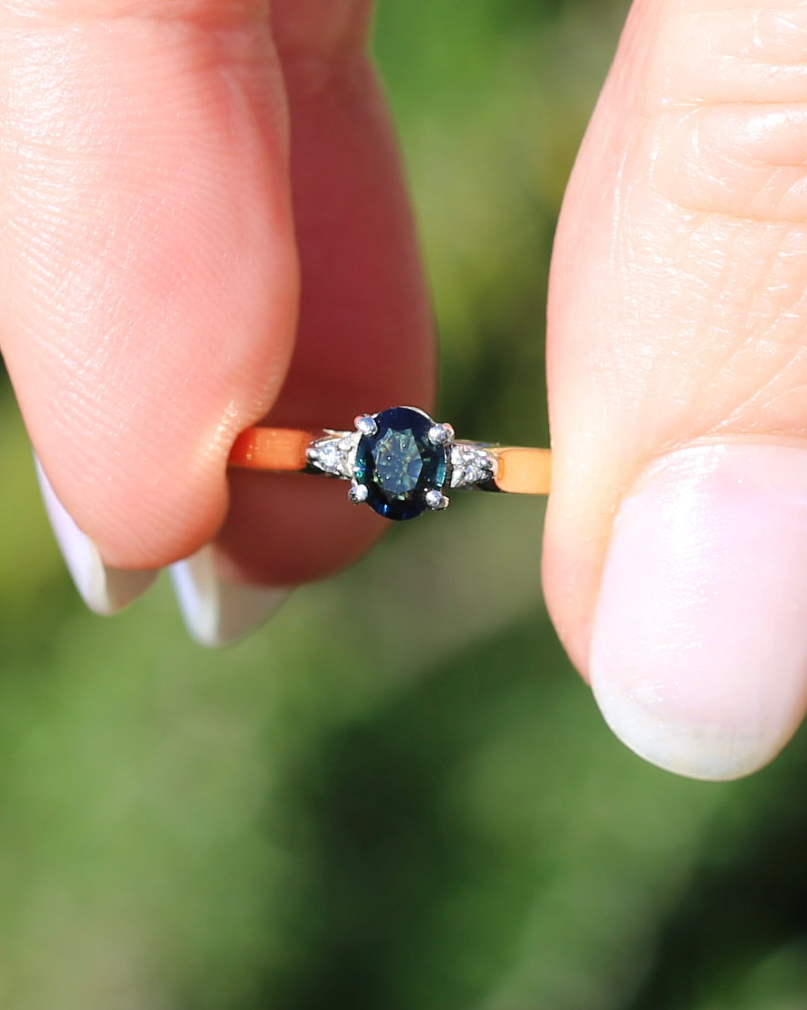 Dark Australian Sapphire and Diamond Dainty Trilogy, 9ct Yellow and White Gold, M1/2 or 6.5, 1.75g