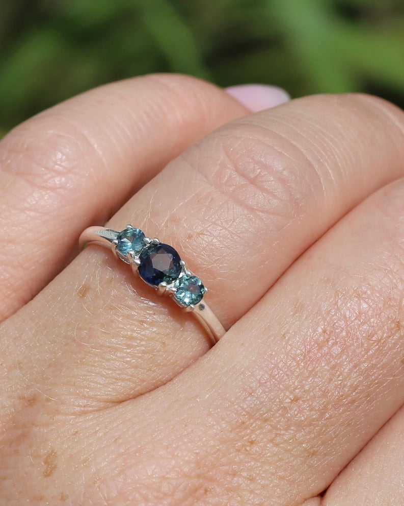 0.85ct Natural Parti Sapphire Trilogy Ring, Sterling Silver, size Q or 8.25, 1.98g