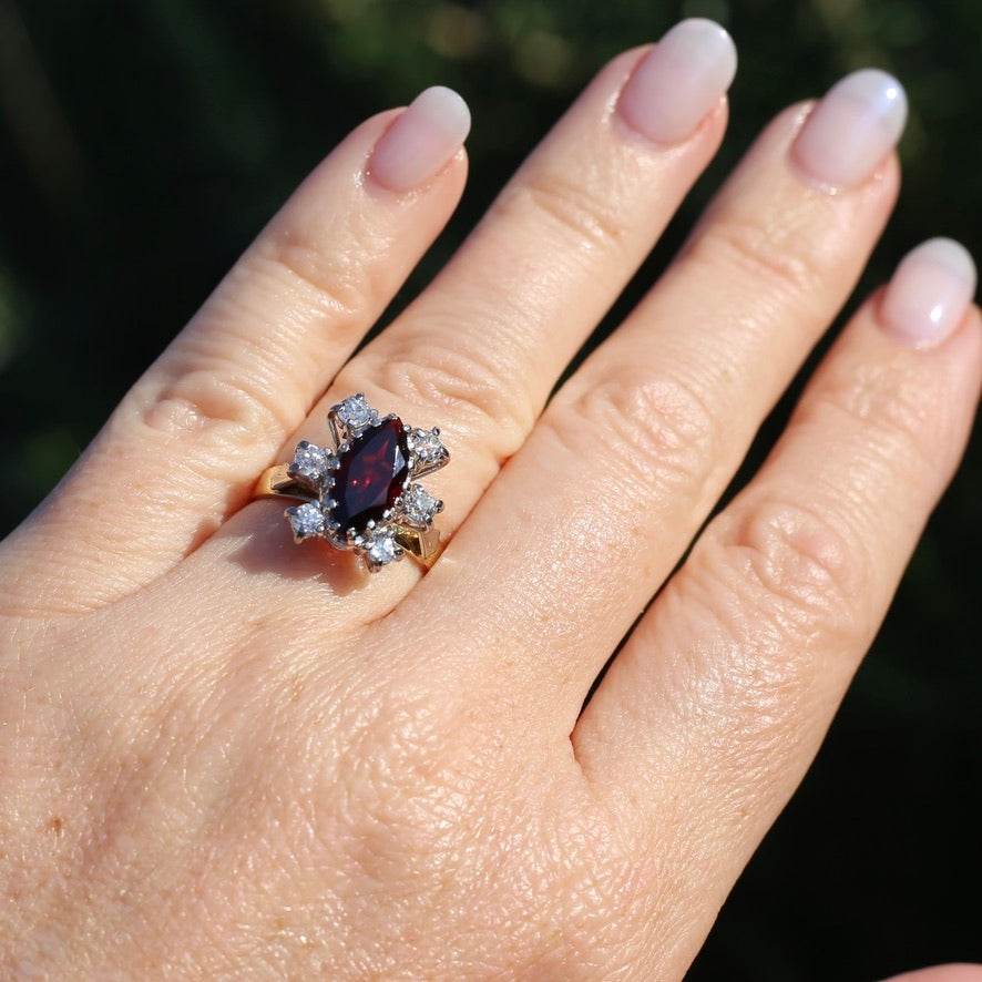 Viking feel Marquise Garnet With 6 Transitional Cut Diamonds, 18ct White and Yellow Gold, size N1/2 or 7