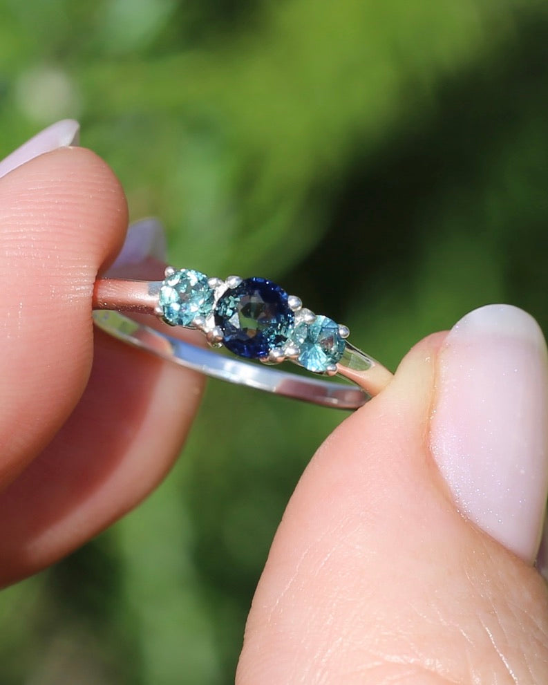 0.85ct Natural Parti Sapphire Trilogy Ring, Sterling Silver, size Q or 8.25, 1.98g